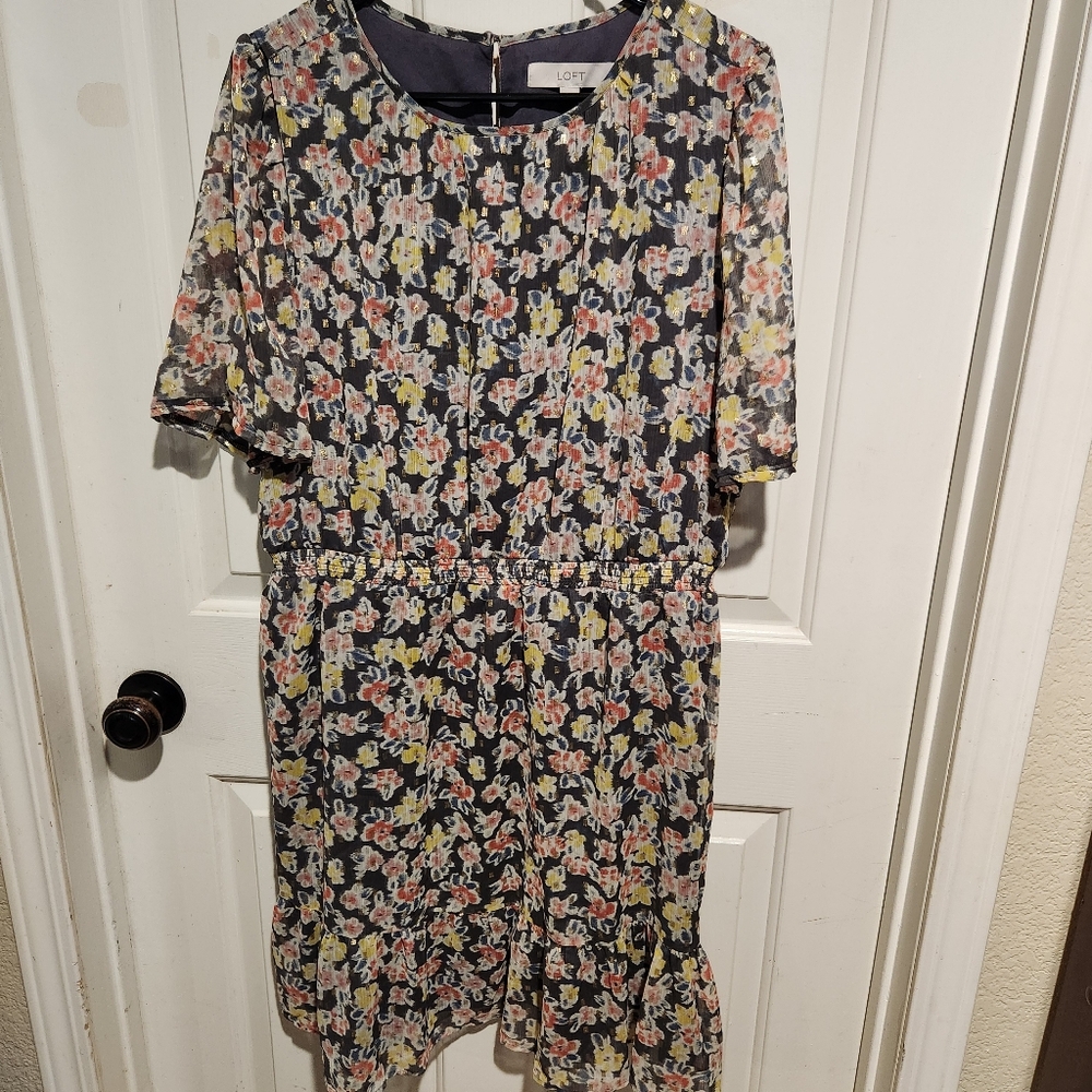 LOFT floral long sleeve chiffon ruffle dress NEW Boho Peasant Tea Party XL - Picture 2 of 7